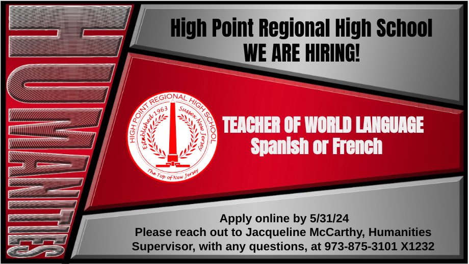 We are hiring! Come and work with an amazing team at High Point Regional High School. @HPRwildcats @1SussexCoNJDOE