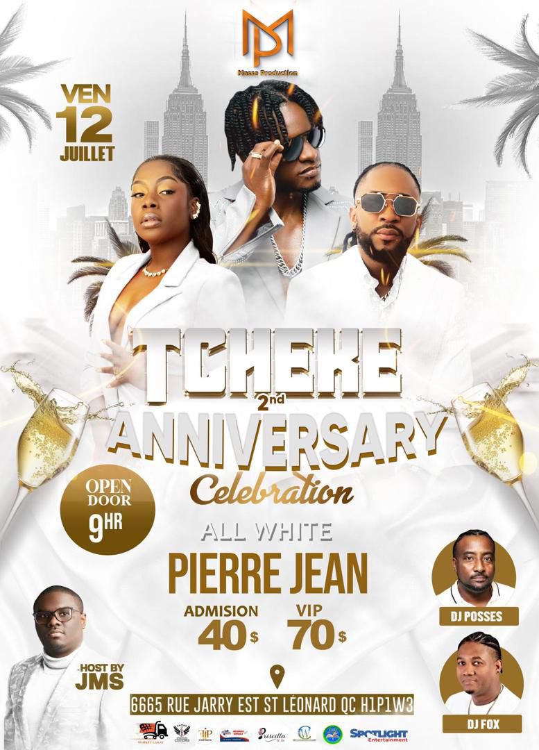 “Tcheke turns 2! 🥳🥳 Celebrate with us at an unforgettable night of live performances featuring an incredible artist. @pierrejeanhaiti neg peye pote a. animation by DJ Posses from NYC & DJ Fox from Ottawa. Hosted by the amazing Jean Mary Simon. Don’t miss out! 🎉🎶