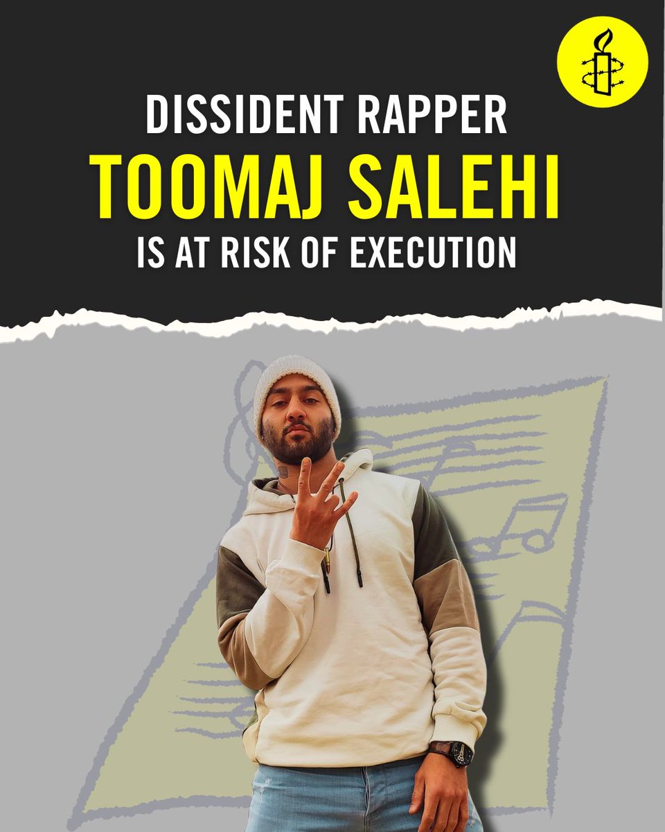 Dissident rapper @OfficialToomaj is at risk of execution in Iran after a Revolutionary Court sentenced him to death in relation to his participation in the #WomanLifeFreedom uprising & social media posts critical of Iran's authorities. He must be released. amnesty.org/en/documents/m…