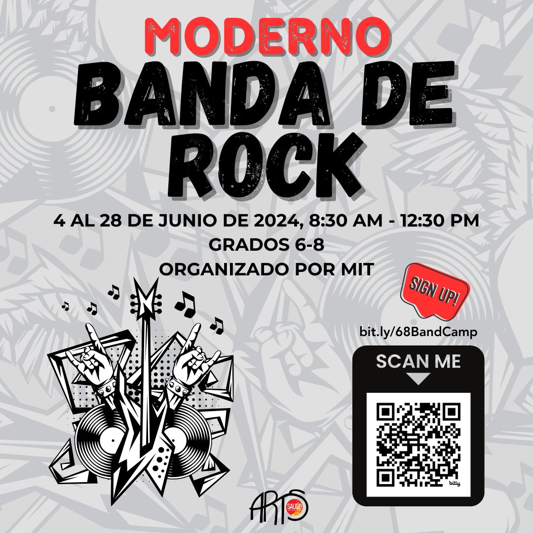 Let's rock! 🤘🏼🎸🎵 sign up for this summer's Modern Rock Band hosted at MIT for grades 6-8.

#sausd #sausdarts #sausdgraduateprofile #artsed #artseducation #modernrockband #summercamp #rockcamp