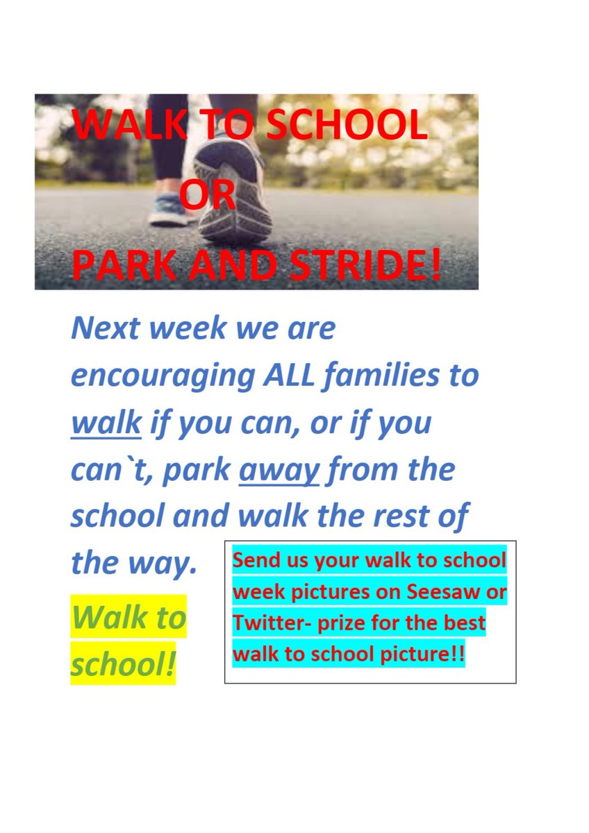Walk to school week next week! Walk or park and stride!
Reduce congestion around the school gates, be healthy, help reduce car pollution! 

Send in those pictures of your healthy journeys please! 
#ecoschools #walktoschoolweek #active travel  🚶‍♀️🚶‍♂️🌎