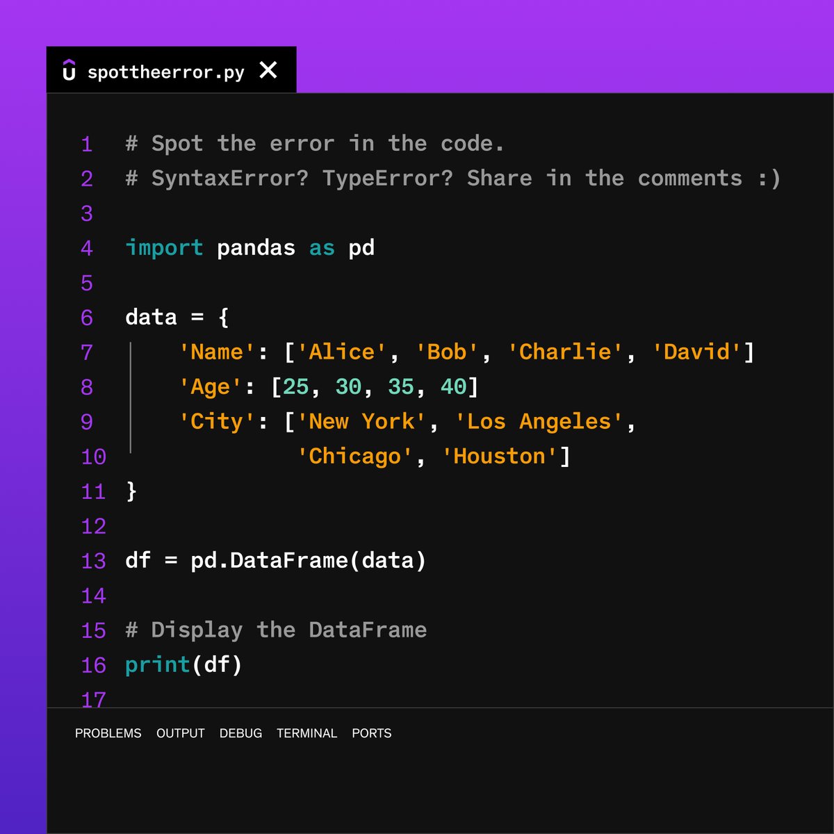Can you #SpotTheError? Test your coding knowledge and reply below when you find it. 🔎 The solution, brought to you by Python instructor Ardit Sulce, will be coming soon in the thread. Stay tuned!