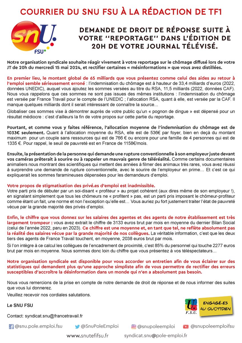 Reportage de TFI sur France travail : le SNU FSU demande un droit de réponse à la chaîne. #francetravail #poleemploi @FranceTravail @ThibautGuilluy @TF1