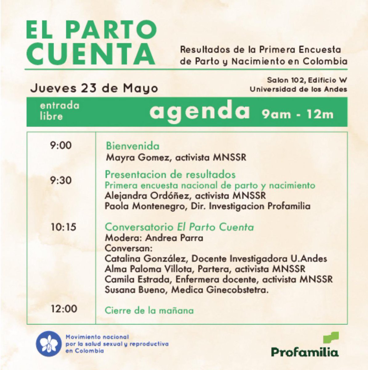 Les invitamos a la presentación de resultados de la Primera Encuesta Nacional de Parto y Nacimiento 🙌🏼 ✨ El evento tendrá lugar el jueves 23 de mayo de 9 a.m. a 5 p.m. 📍@Uniandes / Edificio W, salón 102 👉🏼 Link confirmación de asistencia: forms.gle/6zmXMWVKWmQCRa…