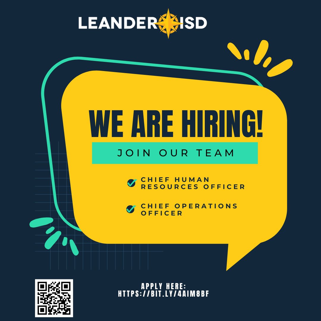 @LISDCareers is on the lookout for dynamic leaders to join our team as Chief Human Resources Officer and Chief Operations Officer! If you're ready to make a difference and be a part of an amazing team, @leanderisd wants to hear from you. Apply today at: bit.ly/4aiM8bf