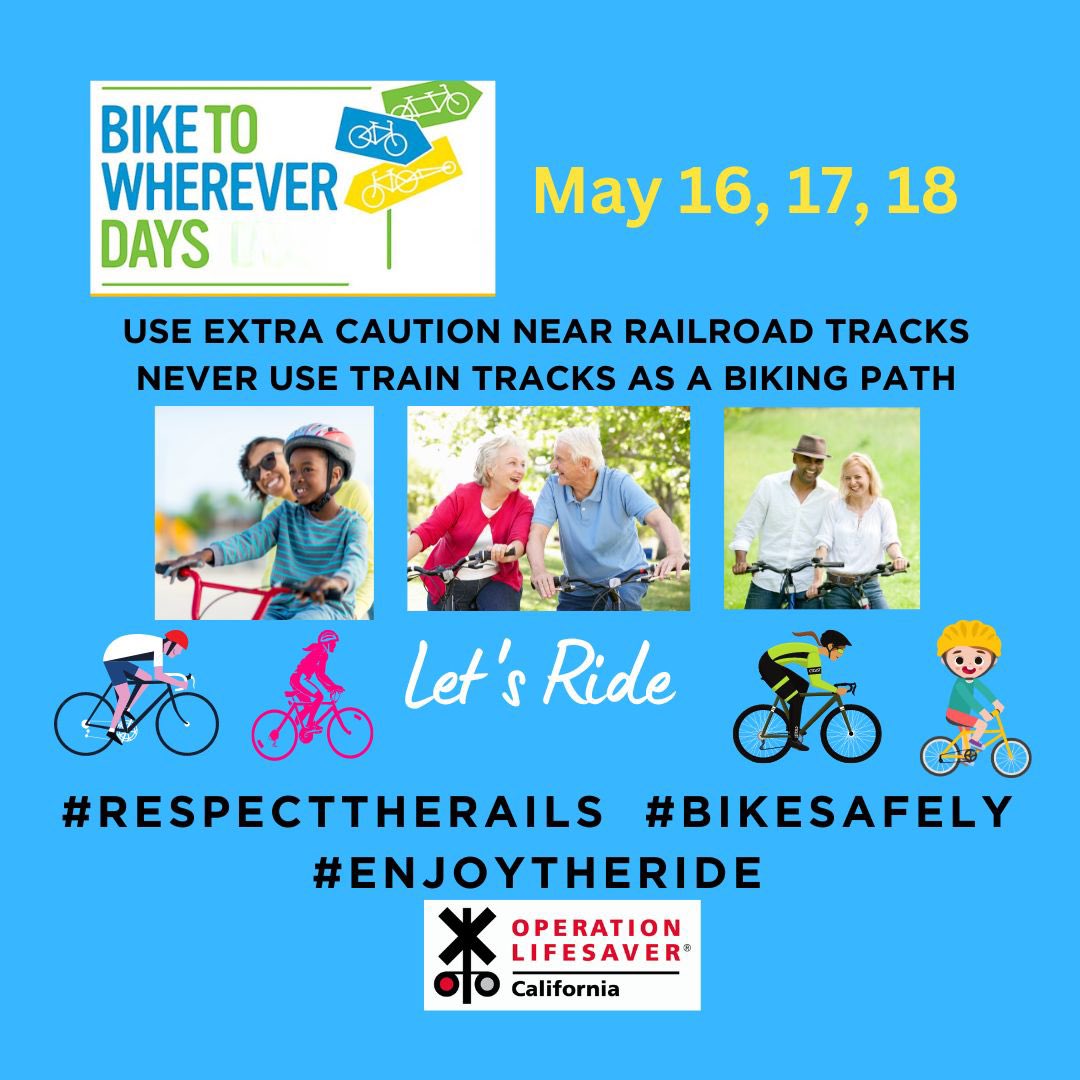 #BikeToWhereverDays May 16, 17, 18. Near Train tracks, #StayAlert , use caution. If possible, walk, don’t ride across the tracks. Never use tracks as a bike trail. Use designated railroad crossings only. #BikeSafetyMonth #StayOffTheTracks #ChooseSafetyFirst #EnjoyTheRide