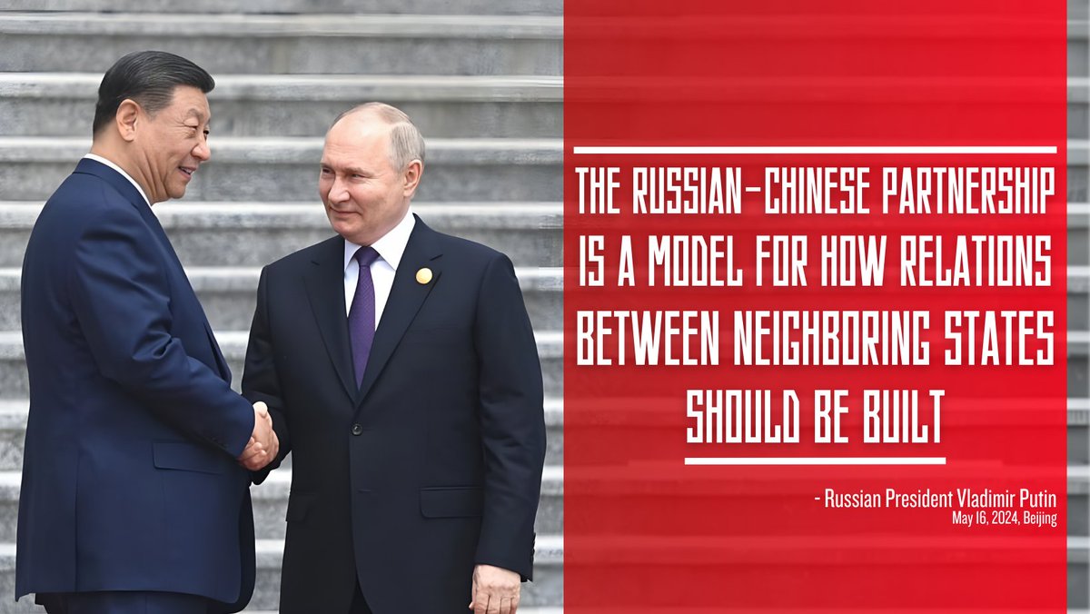 💬 President Vladimir #Putin: 🇷🇺🇨🇳 Russia and China pursue independent and autonomous foreign policies. We work together in solidarity to create a more just multipolar world order. 🤝 Our partnership is a model for how relations between neighboring states should be built.