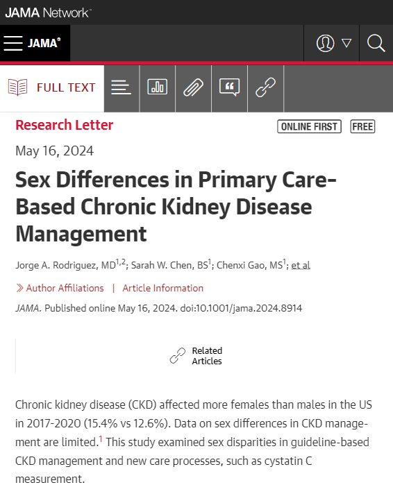 Significant sex differences in primary care–based chronic kidney disease management were found among patients at a care network affiliated with a US academic medical center, with females overall receiving worse care than males. ja.ma/3QOT0GF #SGIM24