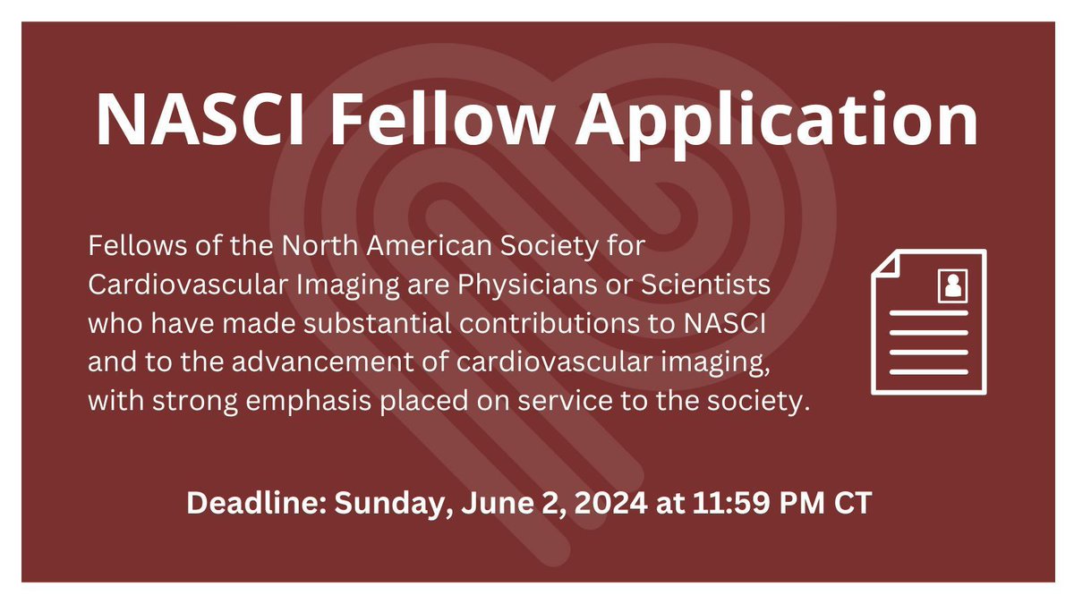 Submit your application for the #NASCI Fellows Class of 2024! 

The deadline to submit is June 2, 2024 at 11:59pm CT. 

Review the requirements + submit your application today: buff.ly/4551YES 

#NASCI24 #cardiovascularimaging