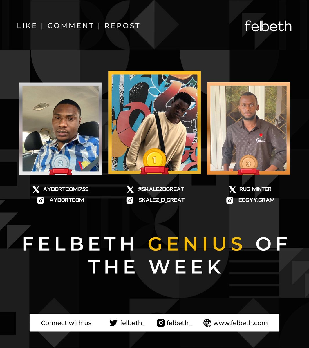 Winners for Last Week Saturday Quiz And the winner received a super handsome reward 💸💰💵🤩🤩🥳 Do you want to earn gifts and rewards? Join us this Saturday for our Felbeth Genius quiz 📝 Congratulations to @skalezDgreat @Aydortcom1759 @rugminter