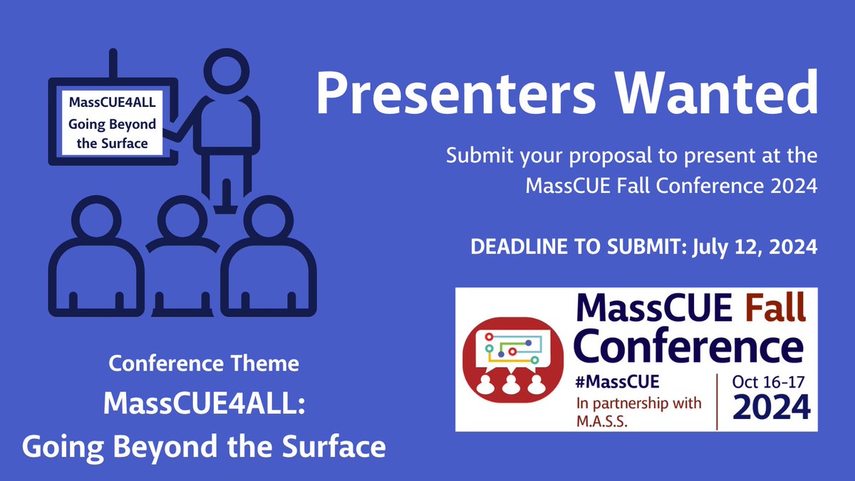 Call for proposals is open! Submit your proposal to present at the #MassCUE Fall Conference 2024. Learn more about our conference theme and strands on our website: bit.ly/3UEqbh4 @capecodlibrary @cjgosselin @MrsErinFisher @joliboucher @HallsHomework @cterrillteach