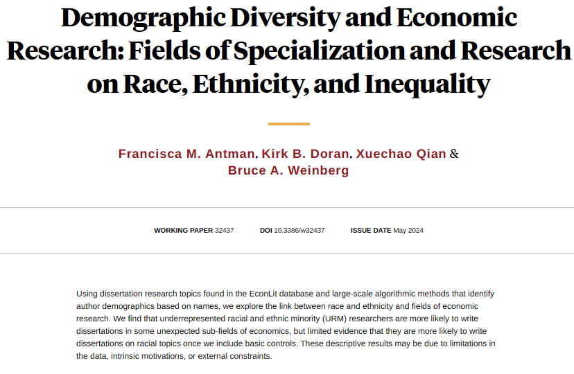 Underrepresented racial and ethnic minority economists write dissertations across many subfields of economics, and there is limited evidence that they are more likely to write dissertations on racial topics, from Antman, Doran, Qian, and Weinberg nber.org/papers/w32437