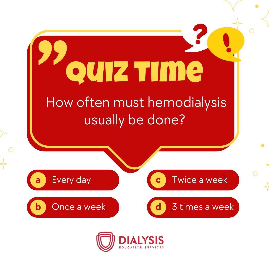 🚨 Pop Quiz Alert! 🚨

Put your knowledge to the test with our latest quiz! 🩺💡 Answer the question correctly in the comment below and earn bragging rights among your friends and fellow dialysis warriors. 💪🏆

#DialysisEducation #QuizTime #HealthHeroes