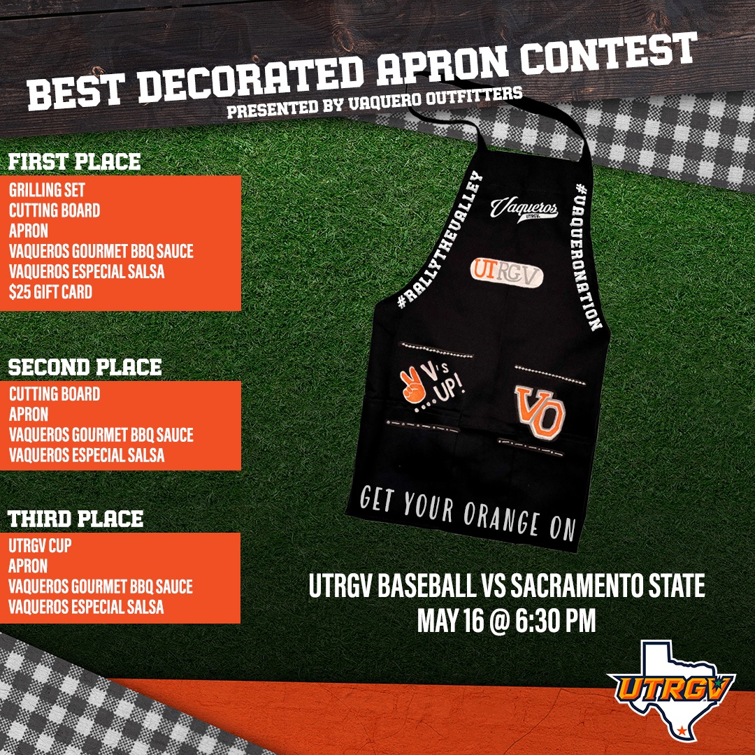 Let's get this weekend started! 🙌 🆚 Sacramento State ⏰ 6:30 PM 🏟 UTRGV Baseball Stadium ✌️ National BBQ Day: Best decorated apron contest, Launch of the Vaqueros Gourmet BBQ Sauce 🎉 Pregame Tailgate at 3 PM 🎟️🔗 GoUTRGV.com/tickets #RallyTheValley #UTRGV #WACbsb