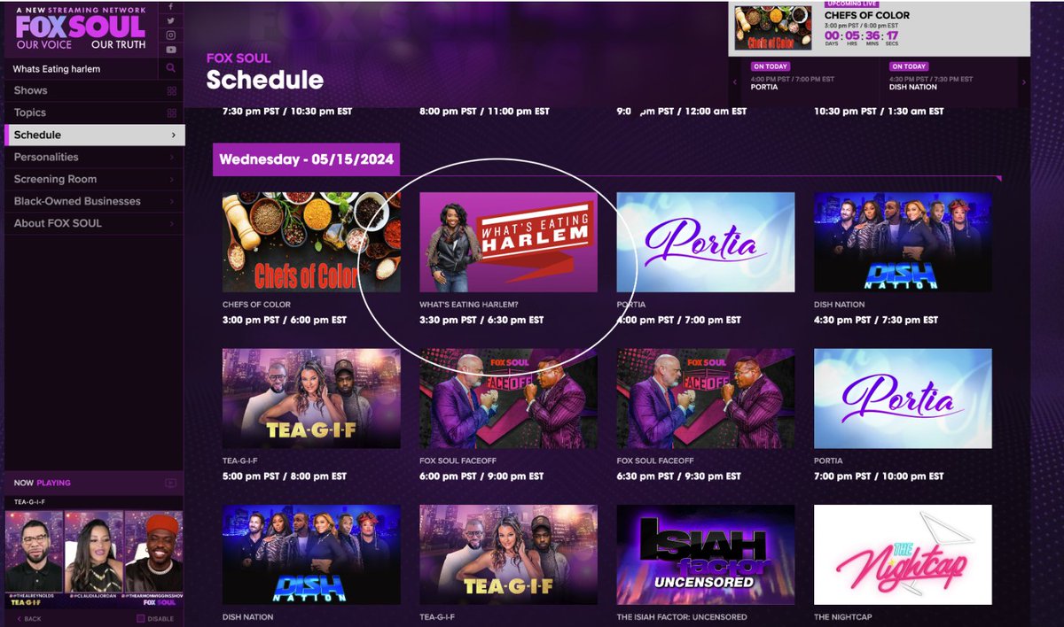 Bulletin:  What's Eating Harlem is now on FOX SOUL!  USA network up next.