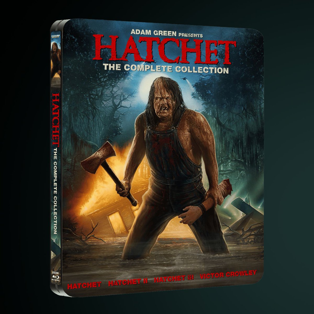The first official release is HATCHET: THE COMPLETE COLLECTION, a 5-disc Blu-ray Limited Edition #Steelbook featuring all 4 films for the first time ever. 

Available June 25. Pre-Order now exclusively here: buff.ly/3UHUTWx 

#Darkskyselects #bluray #steelbook #preorder