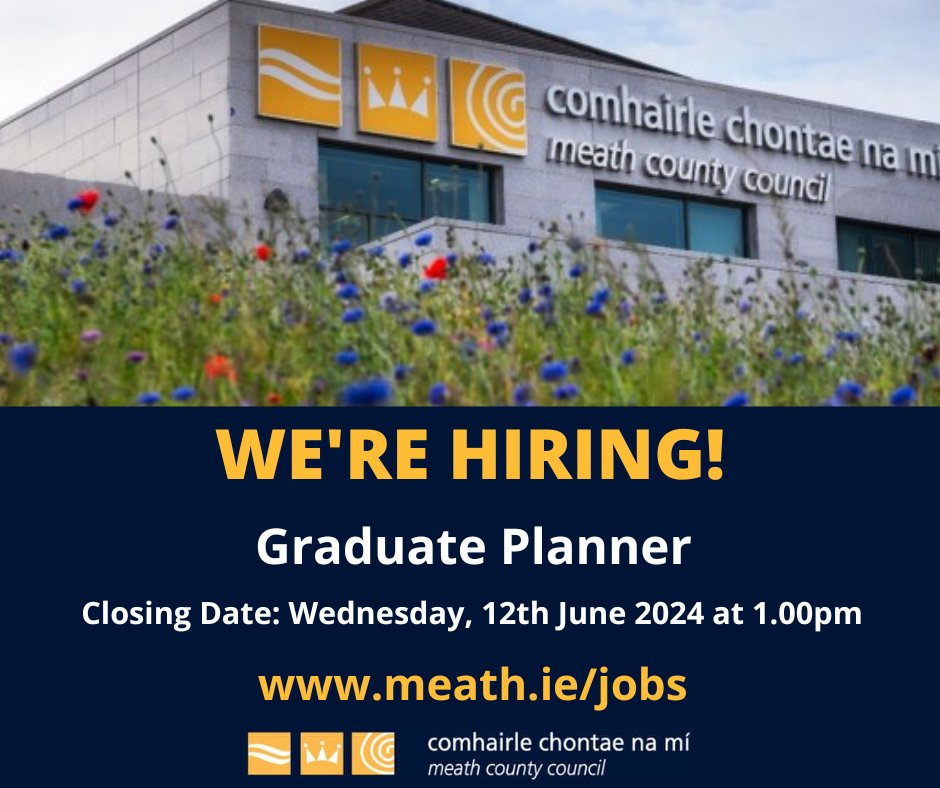We're Hiring a Graduate Planner Salary Scale: €37,085 - €47,477 per annum (EL 01/24) Closing date is Wednesday, 12th June 2024 at 1pm Full details at meath.ie/jobs