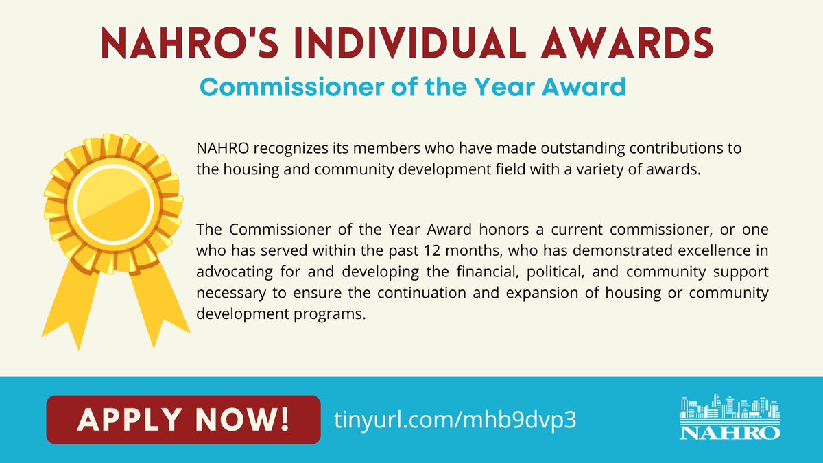 If you’re dedicated to advocating for the financial & political support of housing & community development programs, you could be NAHRO’s next Commissioner of the Year! Apply now & gain nationwide recognition for your hard work & leadership! Apply: nahro.org/awards