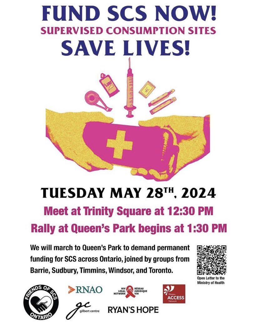 On May 28 join people from all over the province travelling to Toronto for Supervised Consumption Sites. In ON 8-10 people are dying a day. The Ford government @SylviaJonesMPP have not taken this emergency seriously. Two sites closed, Windsor and Sudbury cos of no funding.