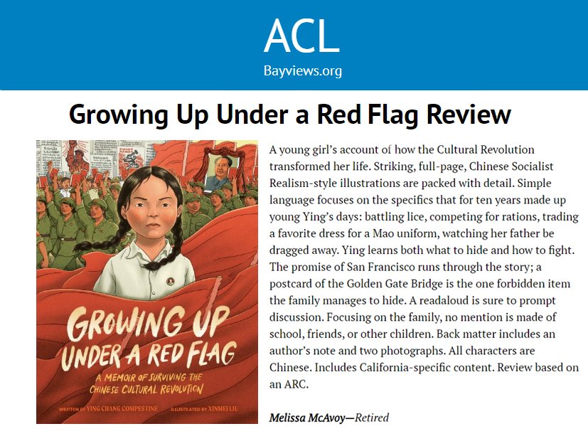 Thank you so much to @ACLBayViews for featuring '#GrowingUpUnderaRedFlag.' I am truly honored to see this important #book receive such #widespreadacclaim.

#newbookrelease #BookReview #memoir #chinesehistory #AAPIHeritageMonth #readaloud #library #kidlit #booklovers #diversebooks