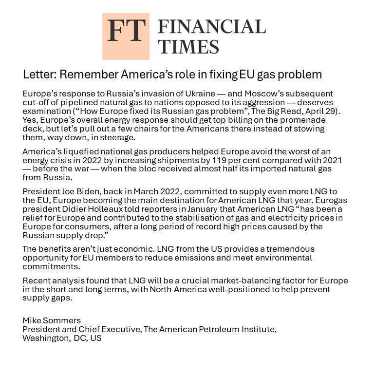 NEW from @mj_sommers: U.S. #LNG can help Europe meet its energy needs and meet environmental commitments. Greater use of American LNG over coal in Europe has led to a significant reduction in emissions. ft.com/content/7d099d…