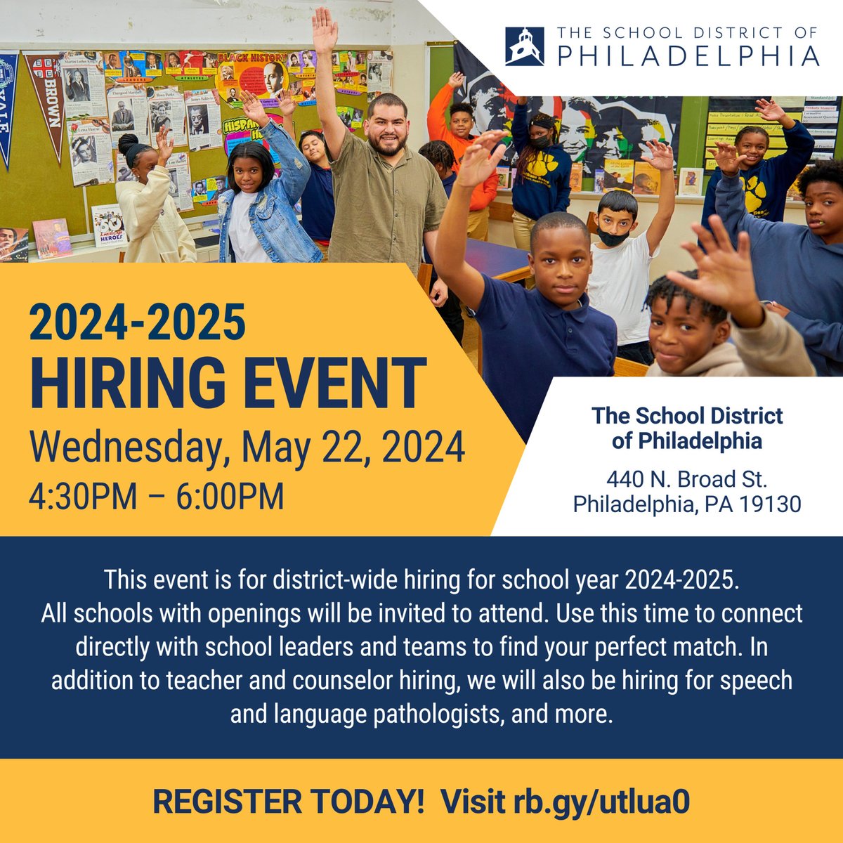 Join us for a district-wide hiring event for the school year 2024-2025! 📅 Wednesday, May 22, 2024 ⏰ 4:30 PM - 6:00 PM REGISTER TODAY! Visit rb.gy/utlua0