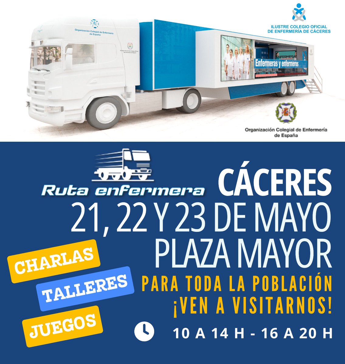 👏 ¡La #RutaEnfermera llega la semana que viene a la Plaza Mayor de #Cáceres para concienciar sobre hábitos saludables y dar consejos de #salud y #cuidados.

⌚️¡Te esperamos en horario de 10 a 14 y de 16 a 20 hs!

#colegioenfermeriacáceres