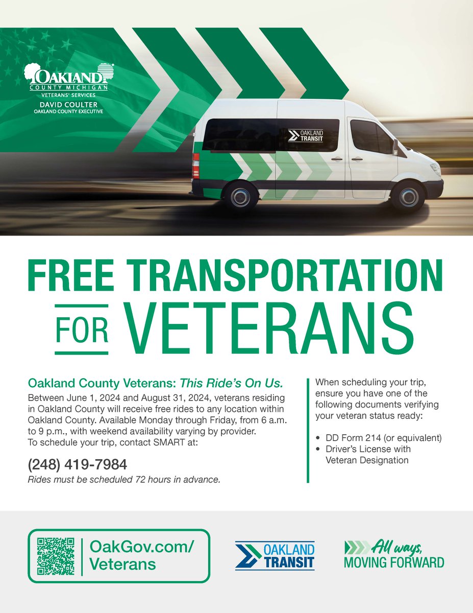 NEWS RELEASE Oakland County and SMART Launch Pilot Program Providing Free Transit for Veterans and Dependents Read #OaklandCounty release: bit.ly/3yxtT4z. #OaklandTransit #AllWaysMovingForward