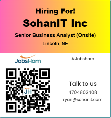 Apply Here : jobshorn.com/job/senior-bus…
🔥 Job Title : #Senior Business Analyst 
📍 Location : #Lincoln, Nebraska (Onsite- Locals)
⏳ Duration : 12 Months
📝 Job type : C2C,W2,1099 
🎓 Experience : 10 years

#jobshorn #futureofwork #startup #recruitment #talent #work #hiring #jobs