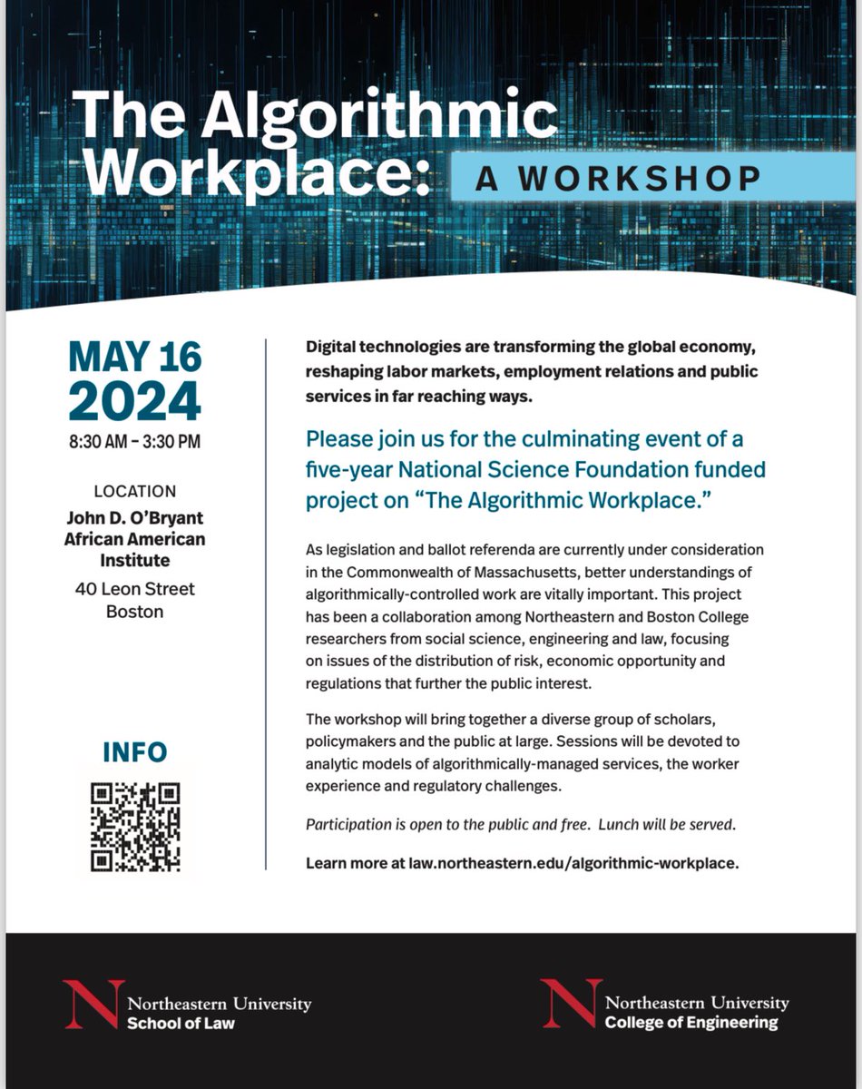 Absolutely thrilled for a super productive workshop on economic, legal, and technological transformation in the Algorithmic Workplace with @spvallas @JulietSchor @veenadubal and many others - a truly interdisciplinary and cross sectoral effort @Northeastern @NUSL funded by @NSF