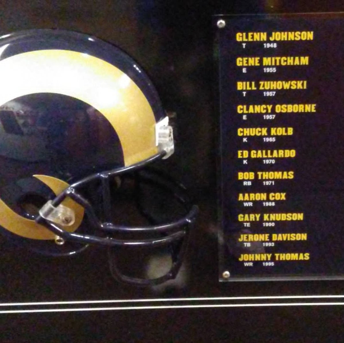 I signed with the L.A. Rams out of ASU before going to the 49ers, NFL Europe Germany, and then the Raiders. This helmet is in the Arizona State NFL Hall of ASU NFL'ERS. I am also in the Solano College Football Hall of Fame. Jerone Davison 2nd from the bottom.