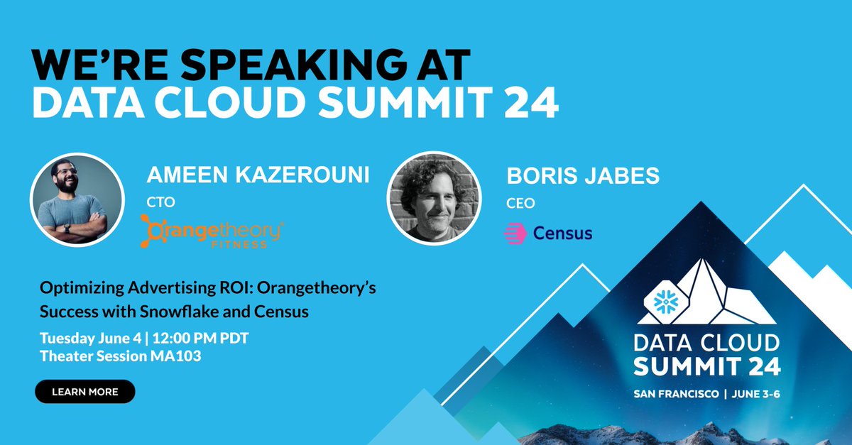 Census (@census) on Twitter photo Thrilled to speak at <a href="/SnowflakeDB/">SnowflakeDB</a> Summit with <a href="/AmeenKazerouni/">Ameen Kazerouni</a>, CTO of <a href="/orangetheory/">Orangetheory Fitness</a>! 🧡
Come learn how Orangetheory used Census & Snowflake to optimize advertising ROI for their 1500+ fitness studios worldwide on June 4th at 12:00 PM.
Save your spot: reg.summit.snowflake.com/flow/snowflake… Thrilled to speak at <a href="/SnowflakeDB/">SnowflakeDB</a> Summit with <a href="/AmeenKazerouni/">Ameen Kazerouni</a>, CTO of <a href="/orangetheory/">Orangetheory Fitness</a>! 🧡
Come learn how Orangetheory used Census & Snowflake to optimize advertising ROI for their 1500+ fitness studios worldwide on June 4th at 12:00 PM.
Save your spot: reg.summit.snowflake.com/flow/snowflake…