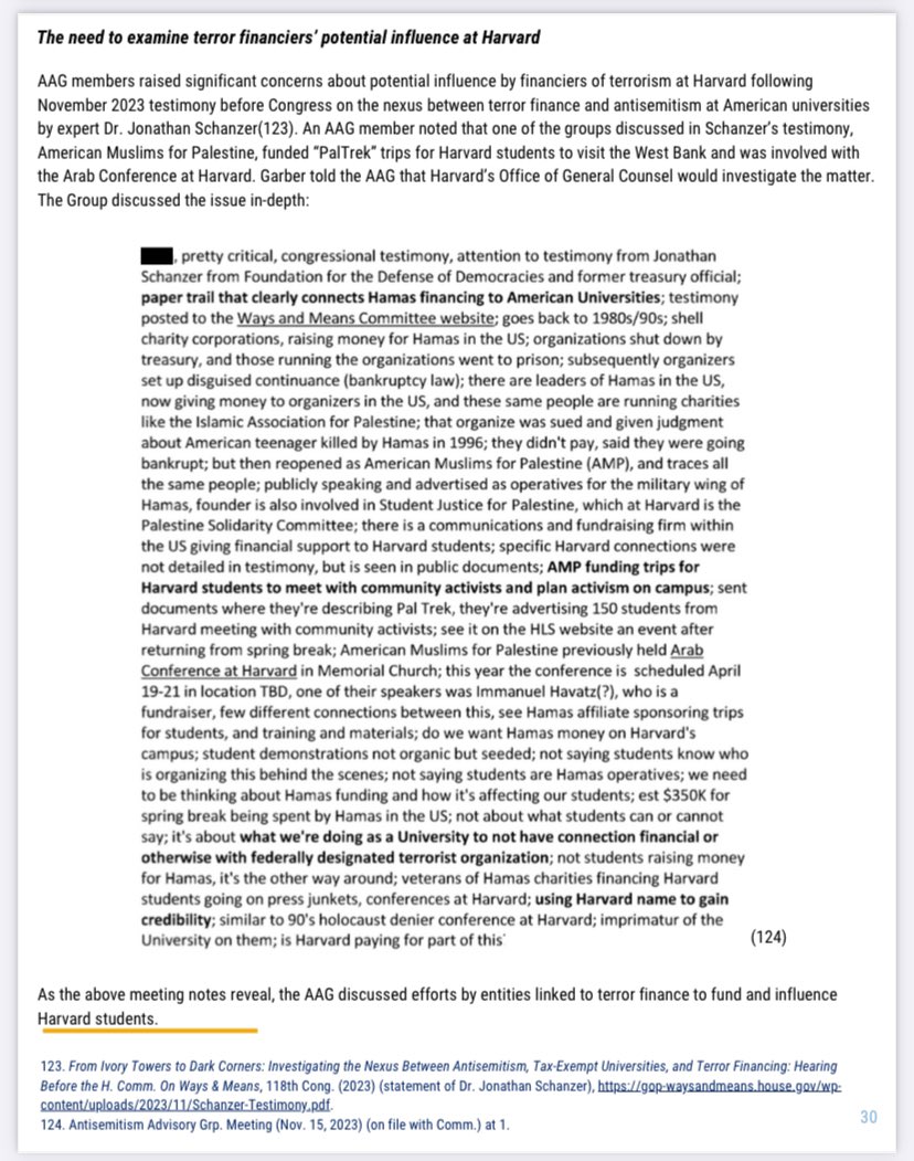 Harvard discussed the “potential influence” of “terror financiers” on its campus: —“do we want Hamas money on Harvard’s campus” —“student demonstrations not organic but seeded” —“we need to be thinking about Hamas funding and how it’s affecting our students”