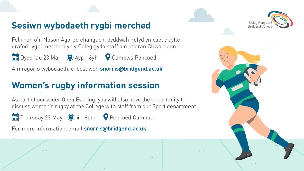 Simon Norris (@simonno09739164) on Twitter photo Will your daughter be the next Welsh international to come through Bridgend College? Come and look at the college rugby facilities and courses you can study whilst playing rugby.
๐จBridgend College Girls Rugby Open Day
๐
23rd May,Thursday
๐Pencoed
<a href="/BridgendCollege/">Coleg Penybont | Bridgend College</a> <a href="/WRU_Community/">WRU Community - Wrth galon y genedl</a> Will your daughter be the next Welsh international to come through Bridgend College? Come and look at the college rugby facilities and courses you can study whilst playing rugby.
๐จBridgend College Girls Rugby Open Day
๐
23rd May,Thursday
๐Pencoed
<a href="/BridgendCollege/">Coleg Penybont | Bridgend College</a> <a href="/WRU_Community/">WRU Community - Wrth galon y genedl</a>