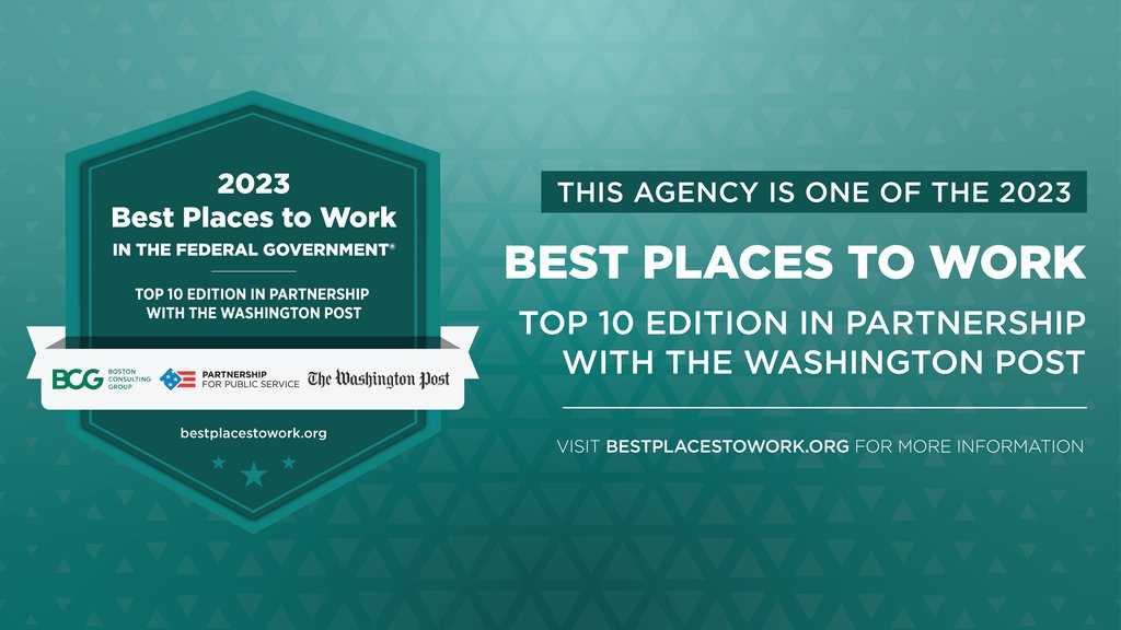 We are proud to be ranked in the 2023 Best Places to Work in the Federal Government®: Top 10 Edition, produced in partnership with @washingtonpost! Check out the rankings produced by @publicservice and @BCG at bestplacestowork.org.