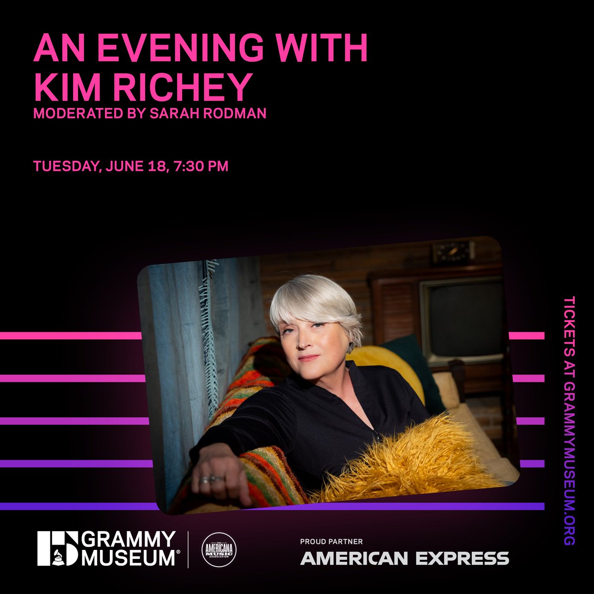 To those in the Los Angeles area: Join us at the @GRAMMYMuseum on June 18 for a special conversation and performance from @kimrichey! American Express Early Access is available now, general sale begins May 18 at 12pm PT universe.com/.../an-evening…...