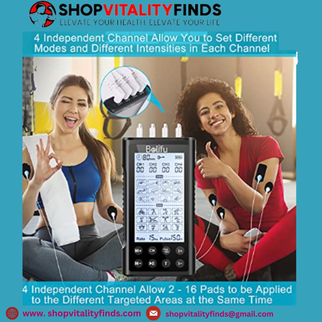 💪 Say goodbye to chronic pain with our multi-functional TENS unit! With 24 preprogrammed massage modes, 4 independent channels, and 30 intensity levels, you can customize your pain relief for any part of your body. Perfect for use at home, in the office, or on the go.