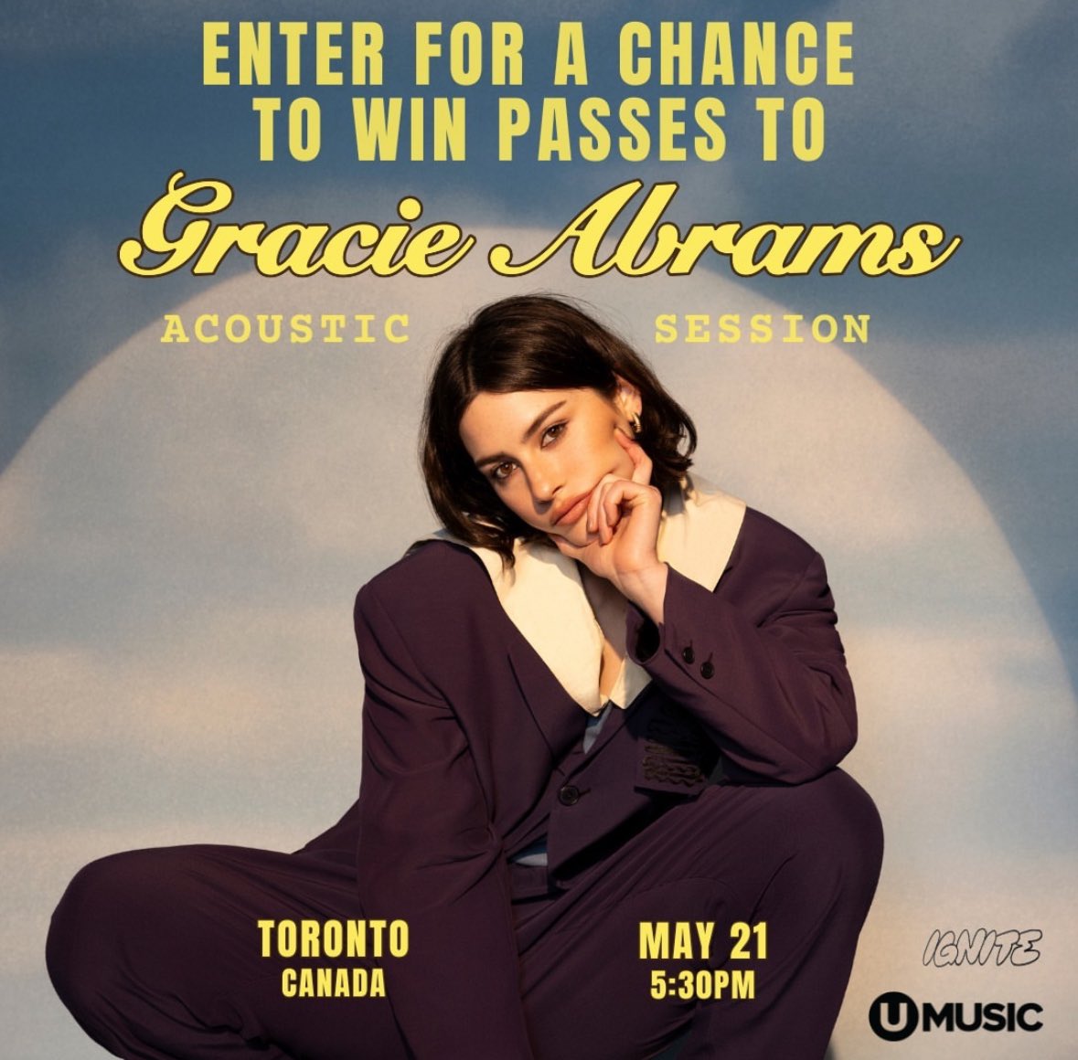 Canada! 🇨🇦 You can now enter to win a pair of passes for Gracie’s UMUSIC Acoustic session in Toronto on May 21 💛

Enter here: umusic.lnk.tt/gracie-abrams-…
