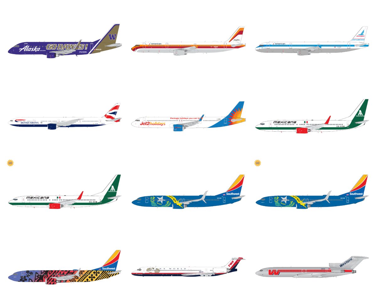 TAKEOFF! Gemini200 1:200 May 2024: Alaska Airlines/Horizon Air E175, American Airlines A321 'PSA' & 'Piedmont,' British Airways 777-300ER, Jet2holidays A321neo, Mexicana 737-800, Southwest 737-800 'Nevada One,' Southwest 737 MAX 8 'Imua One,' TWA MD-80, Western Airlines 727-200.