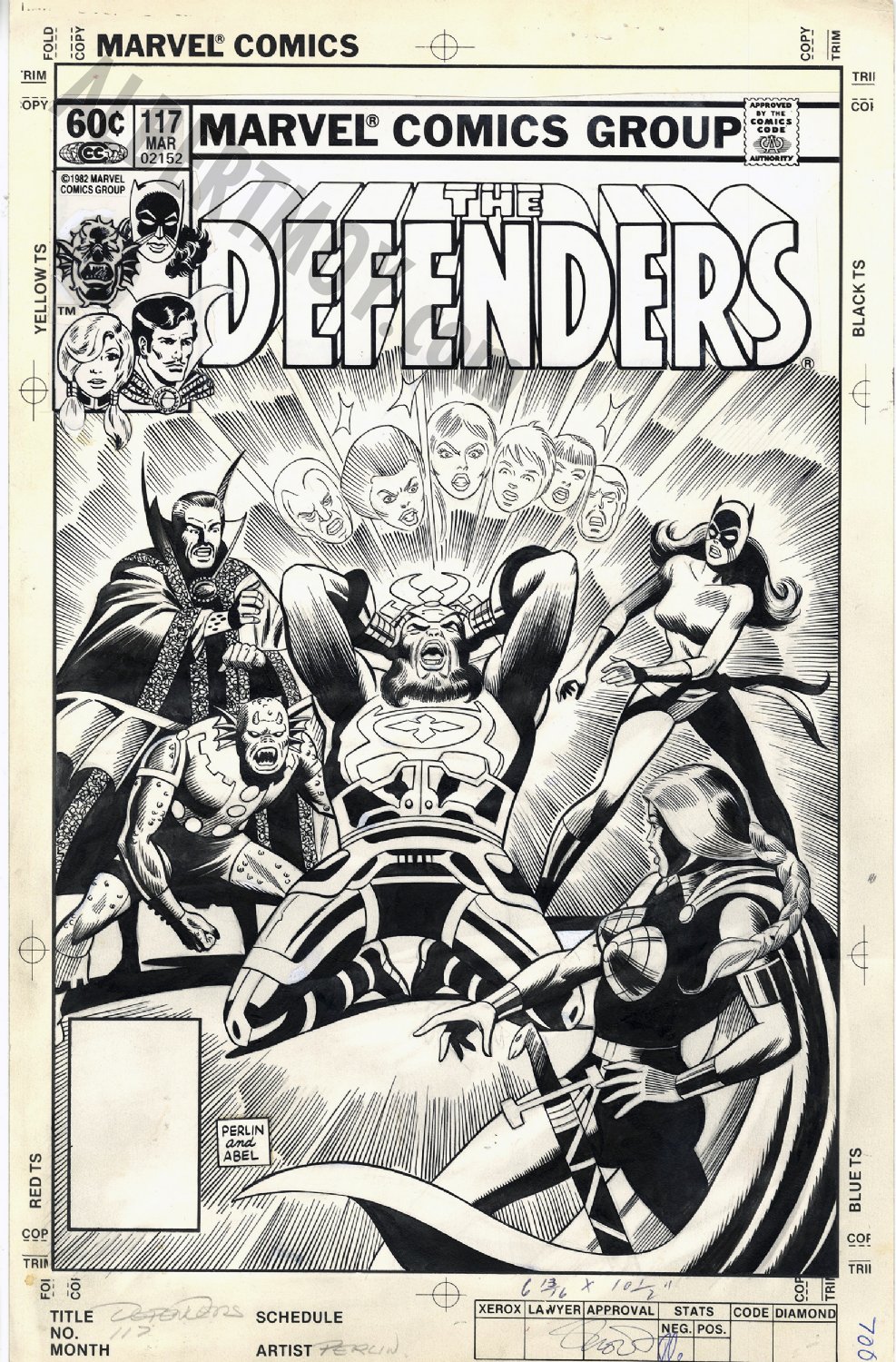 Arte original en blanco y negro, ya entintado  para portada de The Defenders por Don Perlin