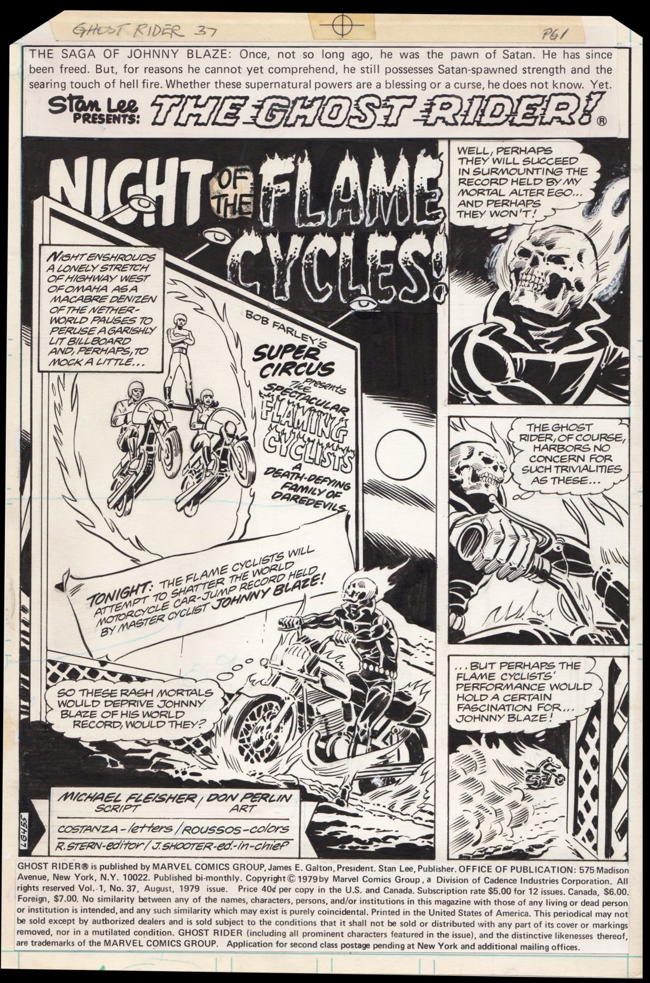 Arte original en blanco y negro, ya entintado pagina interior The Ghost Rider por Don Perlin