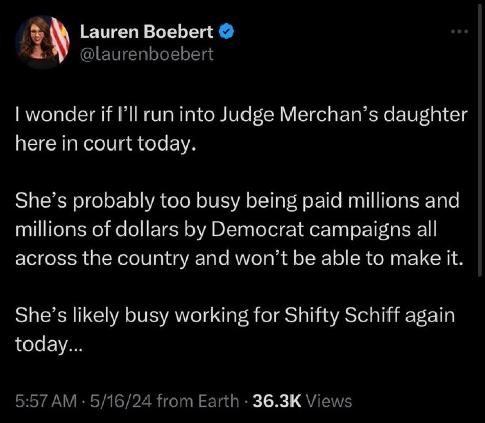 Dear Lauren Boebert - Judge Merchan’s daughter lives in a different universe than you. You won’t find her giving handjobs in theaters or making an ass of herself the rest of the time. #LaurenBoebertIsSoDumb