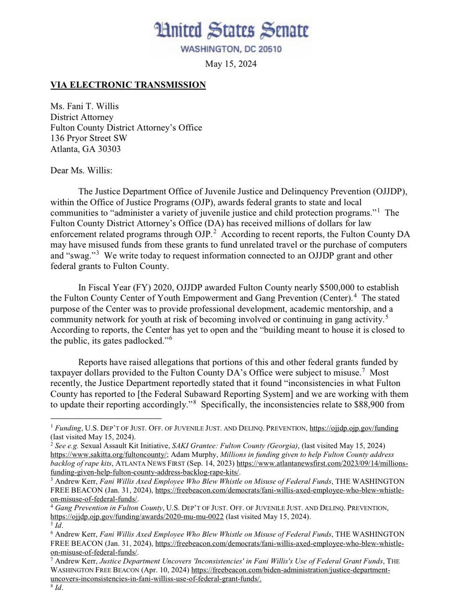 LeadingReport's tweet image. BREAKING: Fulton County DA Fani Willis is now the subject of a second congressional investigation, in which Sens. Chuck Grassley and Ron Johnson sent a letter to Willis demanding information related to whistleblower allegations that the district attorney squandered federal grant…