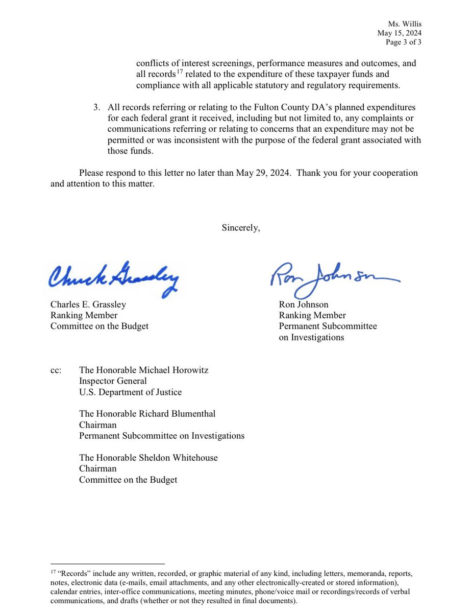 BREAKING: Fulton County DA Fani Willis is now the subject of a second congressional investigation, in which Sens. Chuck Grassley and Ron Johnson sent a letter to Willis demanding information related to whistleblower allegations that the district attorney squandered federal grant