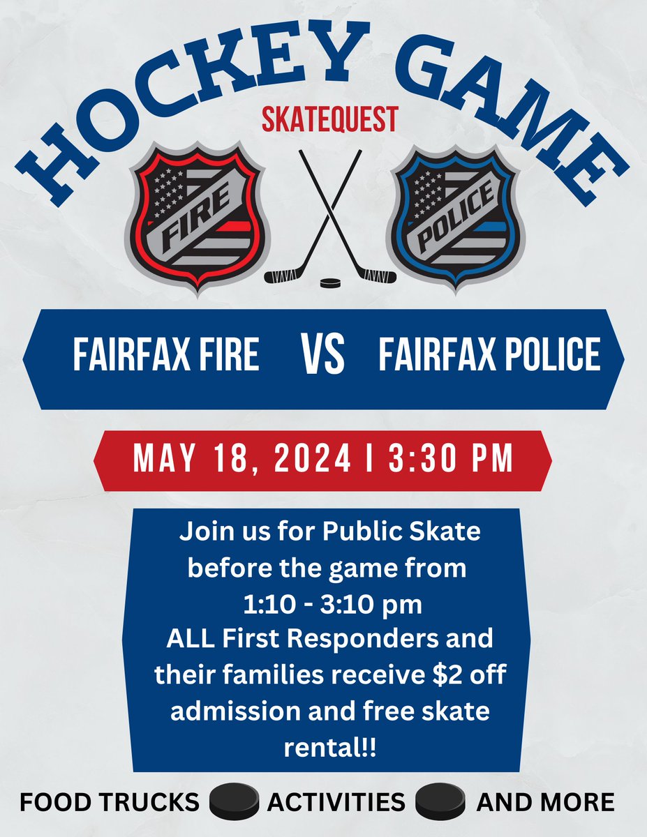 Game time for a cause! 🏒🏒Join #FCPD Hockey vs. @ffxfirerescue at Reston @SkateQuest (1800 Michael Faraday Court) on May 18th, 3:30 p.m. This event is a fundraiser for Making Everything Good, aiding public safety, military, veterans, & our community. See you there!