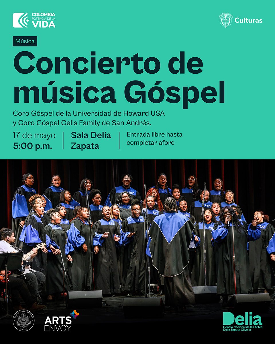 ¿Estás en Bogotá? ­­¡Te tenemos plan para el viernes! @eneldelia le abre sus puertas al magnífico coro @HGC1968 para una tarde de música góspel que no te puedes perder. ¡Te esperamos! 📅 Viernes 17 de mayo ⌚️ 5:00 pm 🎟️ Entrada libre #ArtsEnvoy @CultureAtState