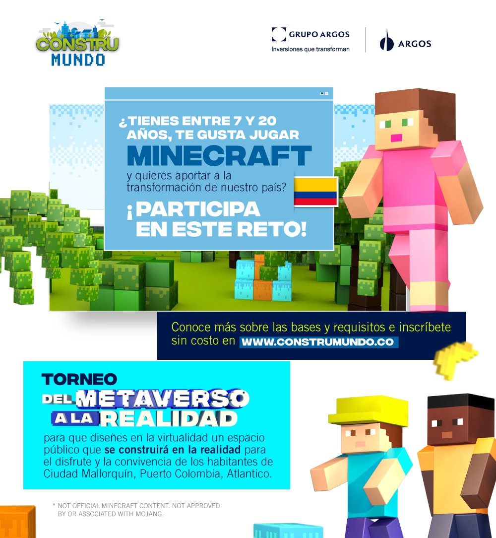 Vamos a crear con @Cementos_Argos una obra real a partir de las creaciones en el videojuego de #Minecraft. Invita a los niños de tu familia o a tus amigos que tengan entre 7 y 20 años a que participen en el reto de diseñar un espacio público para los habitantes de Ciudad