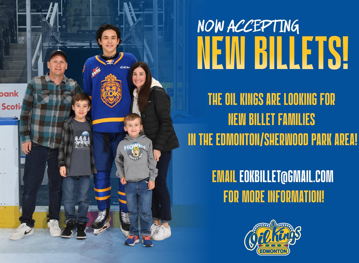 We are looking for additional billets in the Edmonton/Sherwood Park area to host players this upcoming season! Billets are an integral part of the Oil Kings, and we are ecstatic to be welcoming more families to our team! For more information, please email eokbillet@gmail.com! 🏡