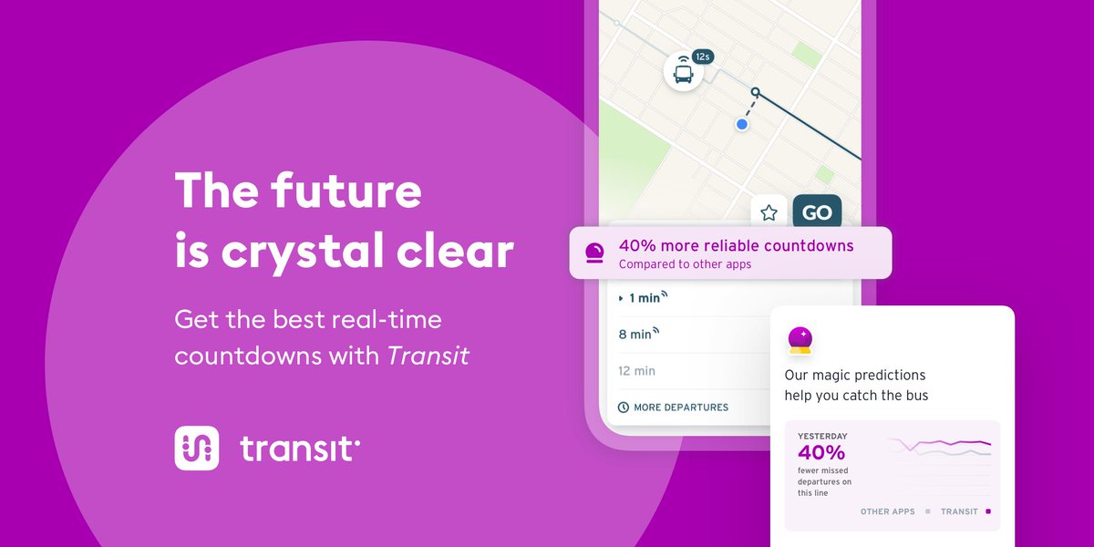 Real-time countdowns just got REALER 😲🔮 Open @transitapp to get the most accurate ETAs for your ride. Transit is constantly crunching the numbers, so you’ll know when your bus is… 🔔 On time 🏃 Ahead of schedule ⛈️ Delayed by bad traffic or weather Download today!