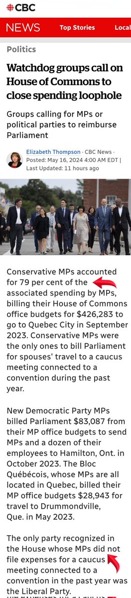 #cdnpoli
#CdnMediaFailed

Shameful disinformation by @CBCNews. It runs a photo of Liberals in article on parties billing taxpayers for MPs & spouses to attend their caucus meeting. How much did Libs bill? Zero. What did Conservatives similarly bill: $426,283, 79% of such billing.